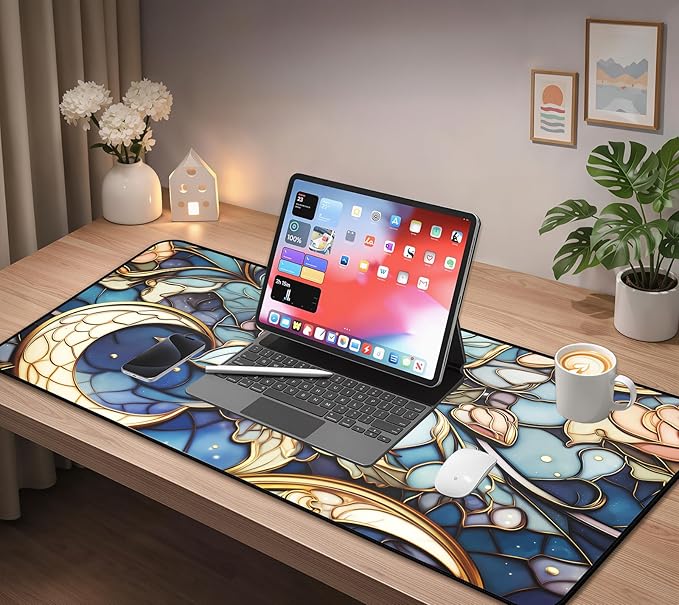 Colorful Glass Desk MST, XXL Mouse Pad with Moon and Rose Flowers, Large Gaming Mouse Pads Mat, Extended Aesthetic Desk Pad, Keyboard Pads, Computer Pad 31.5"X15.7" for Work Game Office Décor