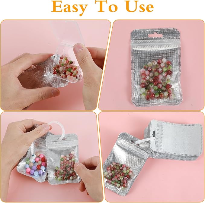 50PCS Diamond Art Bags, 4.3'' x 2.7'' Silver Storage Containers, Beads Storage Bags Reusable Jewerly Pouches for Diamond Art Kit Accessories, Craft Supplies Gem Organizer Painting Container