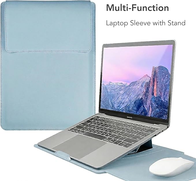 4-in-1 Laptop Sleeve with Stand and Mouse Pad, Faux Leather Protective Case with Accessory Pouch for 13.3-14 Inch Laptops (Sky Blue)