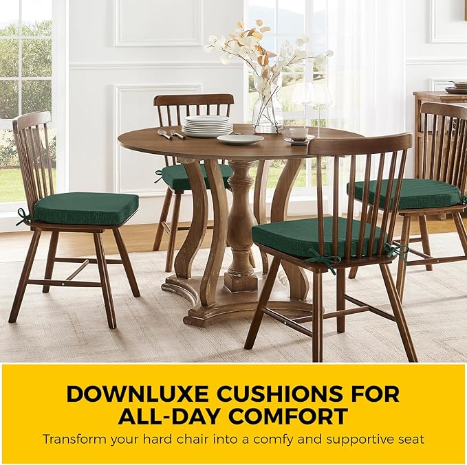 downluxe Indoor Chair Cushions for Dining Chairs, Soft and Comfortable Textured Foam Kitchen Chair Pads with Ties and Non-Slip Backing, 16" x 16" x 2", Dark Green, 6 Pack