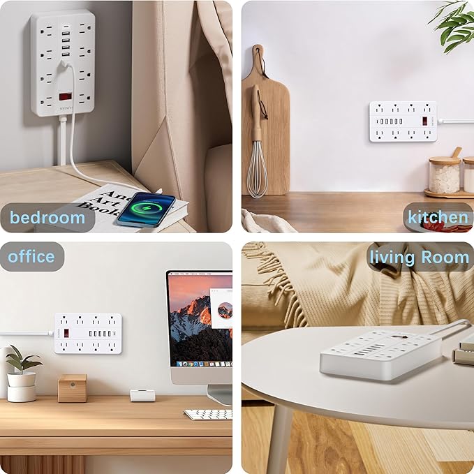 Power Strip with USB, Flat Plug Extension Cord with Multiple Outlets 5 Ft, HUNIAN Power Strip with 8 Widely Spaced Outlets 6 USB Charger (1 USB C Port), Desk Charging Station for Home Office, White