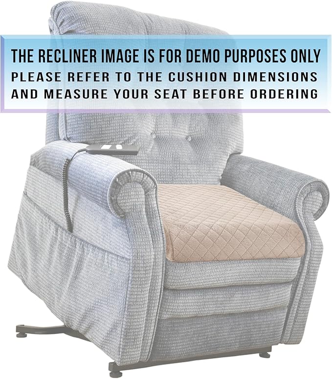 Medium-Soft 20x20x4 Memory Foam Recliner Chair Seat Cushion for Long Sitting - Armchair Pad with Washable Velvety Cover with Waterproof Layer & Non-Slip Base for Seniors & Elderly - Beige