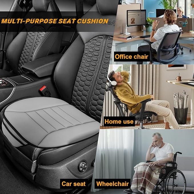 povtii Car Seat Cushion with Front Pocket, Non-Slip Bottom Cushion for Car Driver Office or Home Chair, Breathable Pressure Relief Seat Pad with Memory Foam, Car Accessories (Gray)