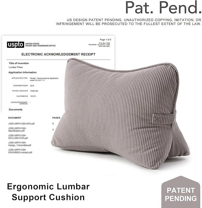 Pat. Pend. Corduroy Lumbar Support Pillow for Watching TV, Reading & Gaming, Triangle Cushion for Sofa, Armchair, Couch or Bed, Removable Washable Cover, Light Gray