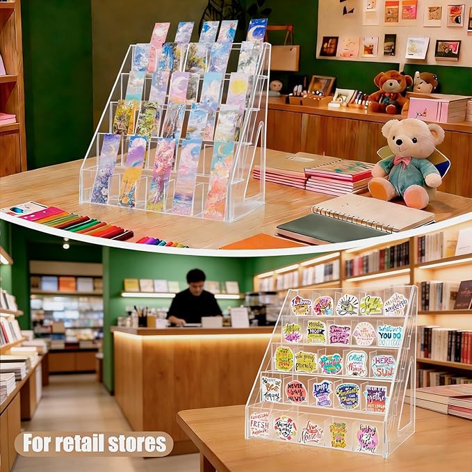 Acrylic Bookmark Display Stand with Divided Pockets, Portable Sticker Holder Tiered Display Stand, Clear Desk Organizer for Home, Retail or Craft Fair Use(25 Pockets, 5 Tier)