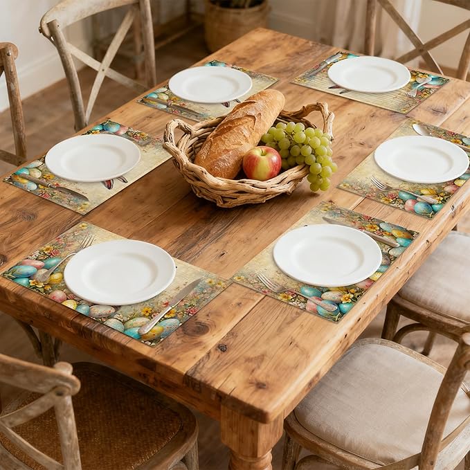 Easter Bunny Spring Placemats Set of 6 Linen Table Mats, 12x18 Inch Washable Placemats for Dining Table, Non Slip Heat Resistant Mats for Kitchen Home Decor