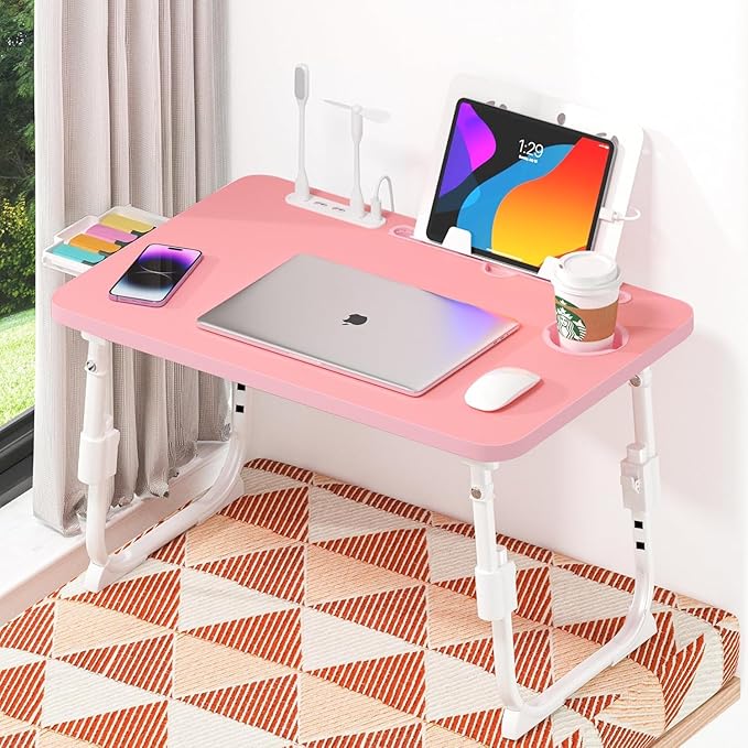 Lap Desk for Bed, Adjustable Laptop Desk with USB Charging Port, Storage Drawer & Bookshelf โ Foldable Bed Desk for WFH & Students, 23.6" Desktop Fits 20" Laptop, Non-Slip, Pink
