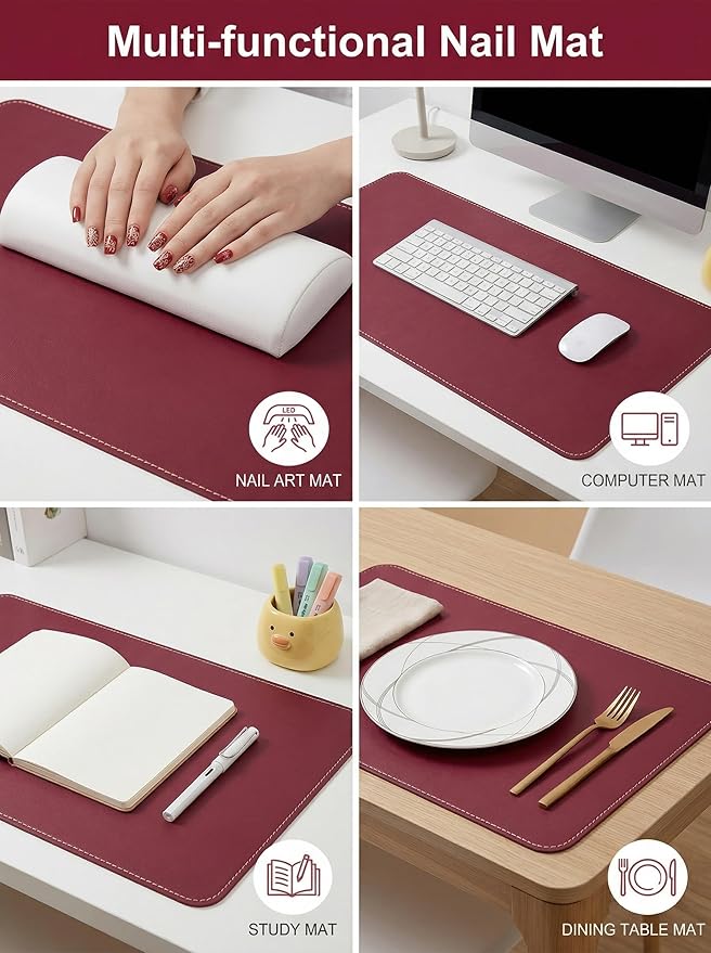 Double Sided Nail Art Table Mat, Soft Microfiber Leather Nail Hand Rest Mat, Waterproof Nail Arm Rest, Nail Mat for Manicure Table Nail Technician, for Desk, Dining Table, Black & Red (MAT ONLY)