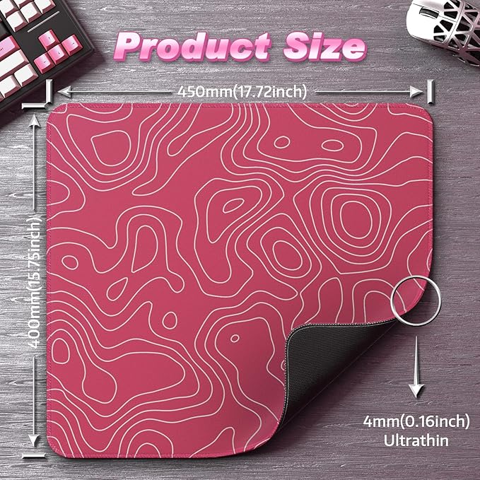 ATTACK SHARK CM02 Gaming Mouse Pad for Esports Speed Large Mouse mats for Desk Waterproof Surface Stitched Edges and Anti-Slip Rubber Base Size L Laminate 17.72” x 15.75” x 0.16” Pink Contour