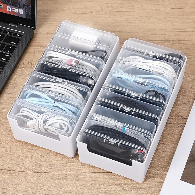 2 Set Cable Organizer Box with 14 Clear Switch Case, Desktop Charger Cord Storage Organizer Box, Charger Cable Organizers for Home Office Desk Accessories Wire Organization Stationery Supplies (White)