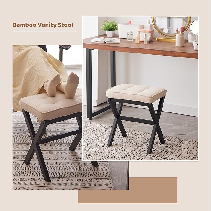 Foot Stool Small Ottoman Foot Rest Padded Foot Stool Desk for Under Office Desk Vanity Stool Bamboo Footstool Sofa Footrest Shoe Stool Small (Black Legs + Beige)
