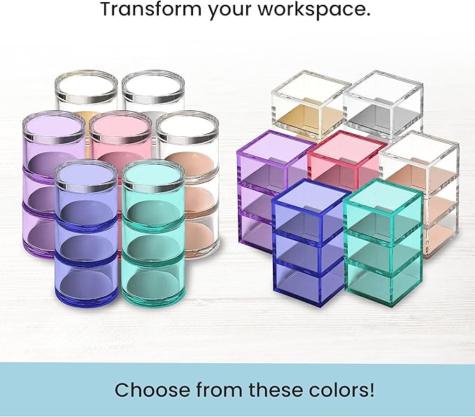 OfficeGoods 3-Tier Stackable Acrylic Holder- Stylish Desk Organizer and Storage for Office or Home – Transparent Square Design, Pink with Silver Metal Base