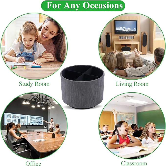 Round Leather Art Supply Organizer,Remote Control Holder,360 Degree Spinning,Multi-Functional Pencil Holder,4 Compartments Desktop Stationary Organizer(1-Thin Wood Black)