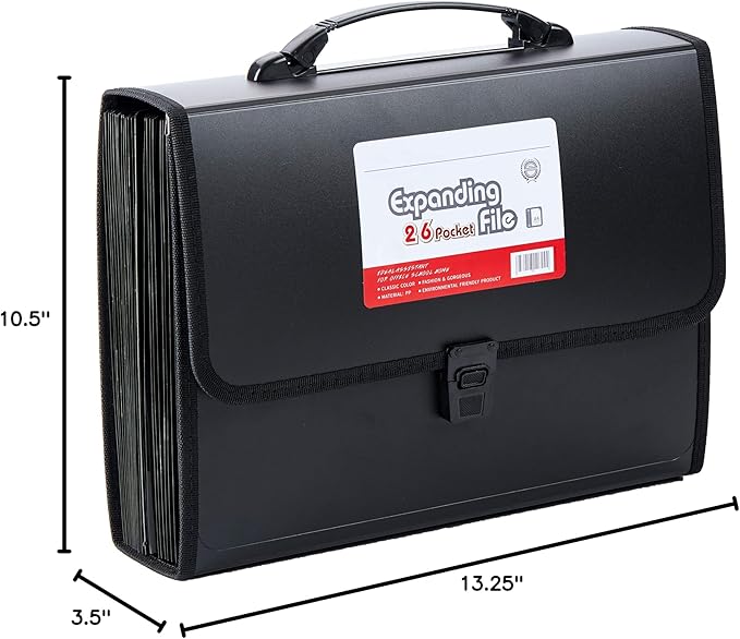 FANWU 26 Pockets Expanding File Accordion Folder with Handle - Letter A4 Paper Size - Expandable Large Plastic File Folder Wallet Monthly Portable Document Organizer with Flap & Buckle (Black)