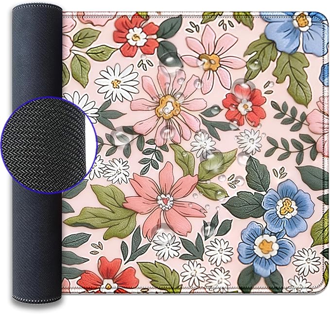 Pink Floral Large Mouse Pad Desk Pad,Flowers Extended Keyboard Mousepad with Stitched Edges, Waterproof Non-Slip Rubber Base for Office Computer Laptop Home 27.5x11.8 in