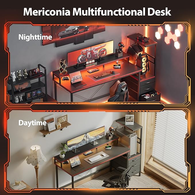 Mericonia 68 inch Gaming Desk with LED Lights & Power Outlets, Reversible Computer Desk with Storage Drawers & Monitor Stand, Large Gaming Table for Home Office