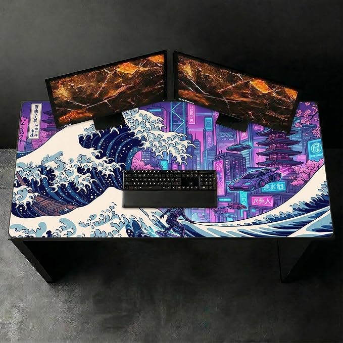 Cyberpunk Extended Mouse Pad 48x24in, Neon City Wave Gaming Desk Mat, Anti-Slip Rubber Base Mousepad for PC Gamers & Streamers