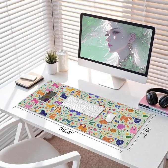 DINKY Leather Desk Pad Protector Mouse Pad, Green Non-Slip Computer Mat for Desk, Cute Dog PVC Leather Office Desk Mat, Laptop Desk Blotter for Keyboard and Mouse