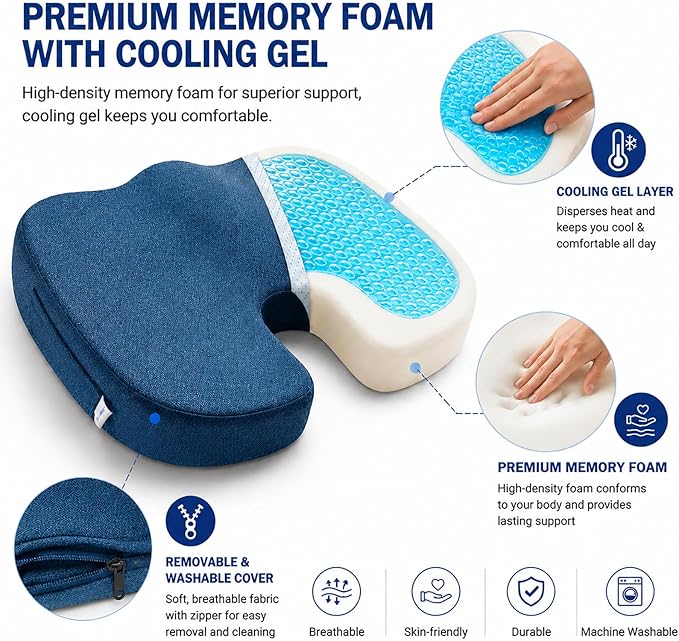 Gel Memory Foam Seat Cushion for Long Sitting with Removable Cover – Cooling Breathable Support for Tailbone, Coccyx, Sciatica, Back Pain Relief - for Office Chairs, Car Seat, Wheelchair (Blue)