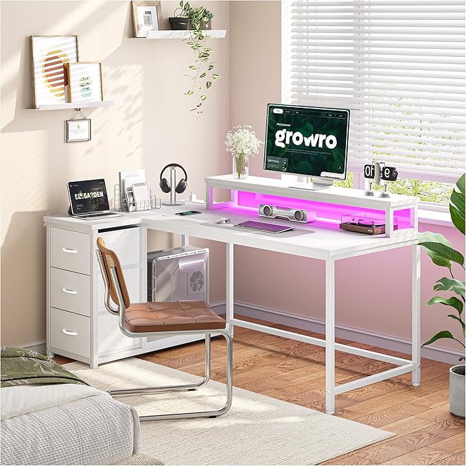 EnHomee 48" Reversible L-Shaped Computer Desk with 40-Mode RGB LED,3AC &1 Type-C Charging Station, 3 Drawers, 35.4''Monitor Riser, White Desk for Gaming, Home Office, Bedroom, Study Room,Vanity, White