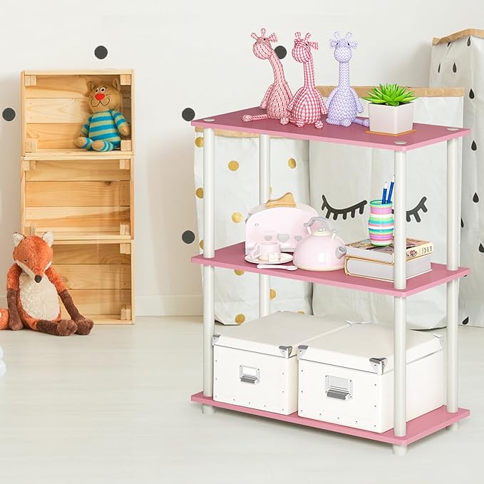 Furinno TURN-N-TUBE Storage Shelves, 3-Tier Book Shelf, Corner Shelf, Toolless Open Shelves, for Organization and Storage, Living Room, Garage, Home Office, Pink