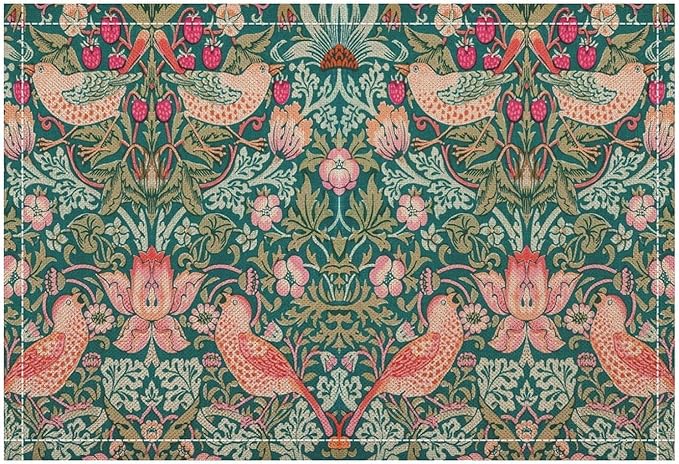 Vintage William Morris Placemats Strawberry Thief Botanical Art Vintage Floral Linen Washable Table Mats Stain Heat-Resistant Desktop Decor Place Mats for Home Kitchen Dining Party 12x18 in 6 Pcs