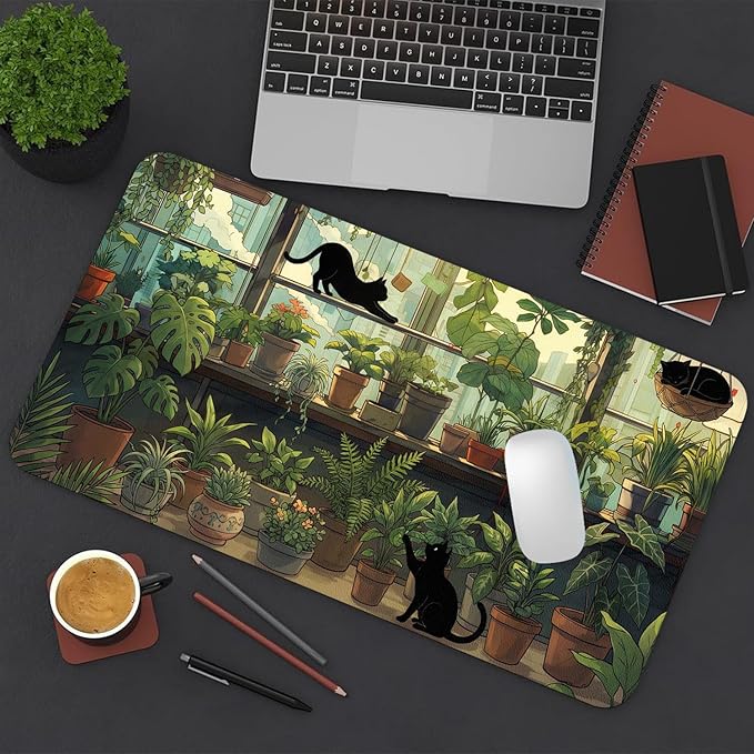 Cute Desk Mat, Green Plants Cat Large Mouse Pad for Desktop, PU Leather Waterproof Desk Pad, Anti-Slip Computer PC Laptop Protector Gaming Mouse Pads for Office Home Decorations (27.5" x 13.8")