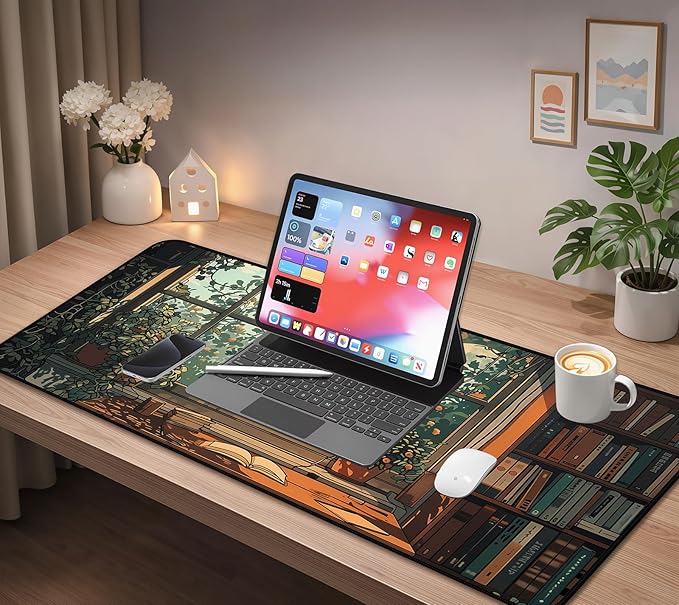 Green Plant Flower Desk Mat, Window Side Moonlight Library Book Mouse Pad, Extended Game Deskpad, XXL Keyboard Mousepad, for Work Game Office Home Retro Forest Desktop Decor 31.5"X15.7"