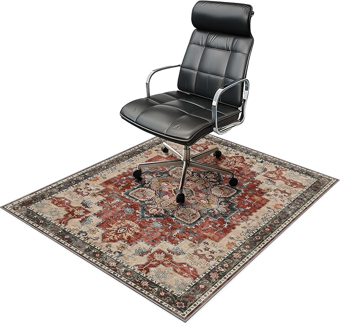 48"x60" Office Chair Mat for Hardwood Tile Floor, Under Desk Carpet Protector for Rolling Computer Chair Mat, Machine Washable Area Rug, Anti-Slip 1/5" Thick Low Pile Thin Vinyl Floor Mat, Annatto