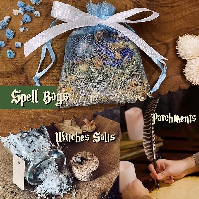 Tassika Witchcraft Starter Kit, Witchcraft Supplies for Wiccan Altar- 63 Pack of Crystals Dried Herbs, Colored Magic Candles, Charm Bags and Ritual Witches Salt for Spells, Baby Witches