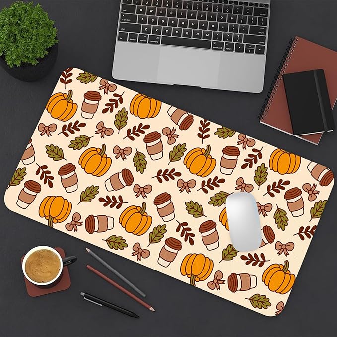 Fall Desk Mat, Pimpkins Coffee Large Mouse Pad for Desktop, PU Leather Waterproof Desk Pad, Computer PC Laptop Protector Gaming Mouse Pads for School Office Home Thanksgiving Decorations 23.6" x 11.8"