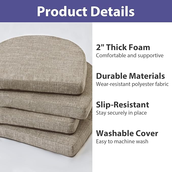 IPYNBAP Chair Cushions for Dining Chairs, Kitchen Chair Cushions, 16'' x 16'' x 2'', Non Slip Indoor Seat Cushions, Chair Pads for Dining Chairs with Ties & Removable Cover, Set of 2, Khaki