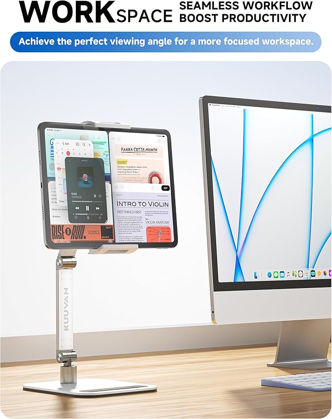 Portable Monitor Stand Holder for 15.6'',17.3'', Tablet Stand Holder for iPad, Aluminum Alloy Foldable Arm Mount with 360° Swivel Desk Mount Compatible with 4.7-17.3inch Tablet (White)