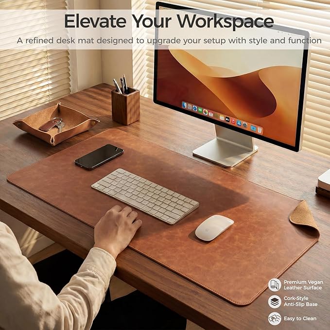 Premium Faux Leather Desk Mat & Tray Set,Innovative Cork-Look Printed Base,Gift Tube Packaging,Full-Desk Coverage,Non-Slip Desk Pad for Office Home(Cognac Brown)
