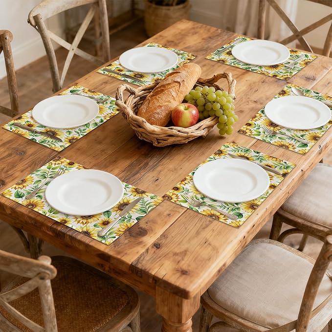 Watercolor Sunflower Linen Placemats Set of 6, Decorative Table Mats 12x18 Inch, Washable Heat Resistant Placemats for Dining Table Kitchen Home Decor