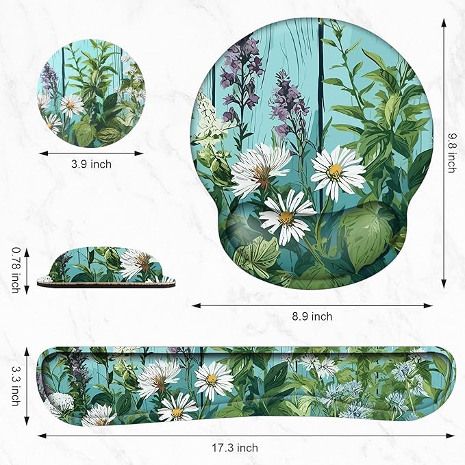 Keyboard Wrist Rest, Ergonomic Mouse Pad Wrist Support, Memory Foam Wrist Rest, Anti-Slip Base, Mousepad with Coaster for Computer Keyboard Office Home, Green Plant Flowers
