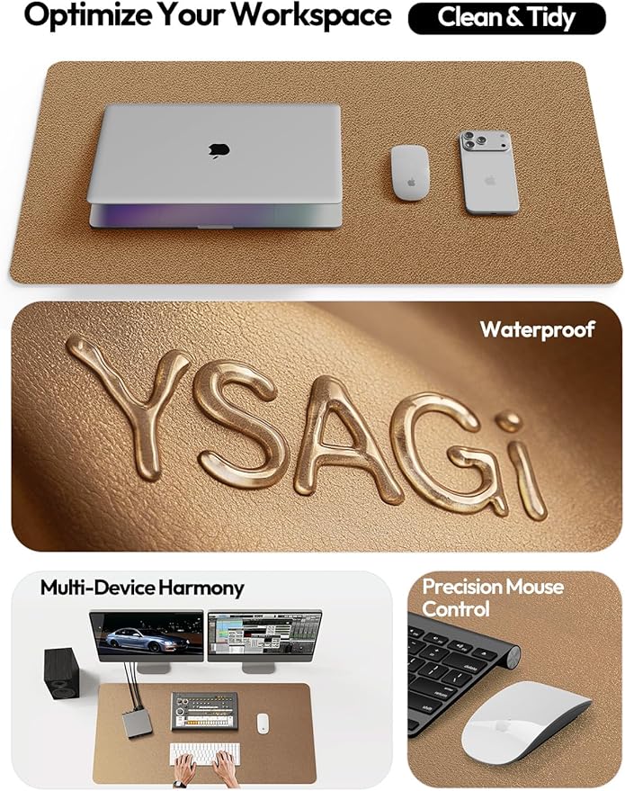 YSAGi Leather Desk Pad Protector, Office Desk Mat, Large Mouse Pad, Non-Slip PU Leather Desk Blotter, Laptop Desk Pad, Waterproof Desk Writing Pad for Office and Home (Shiny Bronze, 47.2" x 23.6")