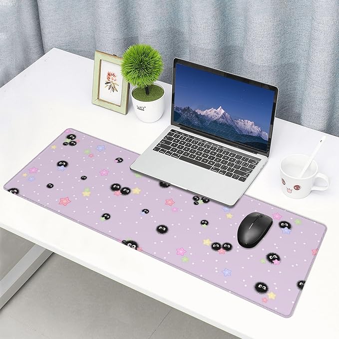 Cute Purple Mouse Pad,Large Kawaii Gaming Desk Mat(80x30cm),Star Sea Urchin Anime Lilac Decor Mousepad for Girls Women,Pastel Lavender Extended Girly Deskmat with Stitched Edges,31.5x12in