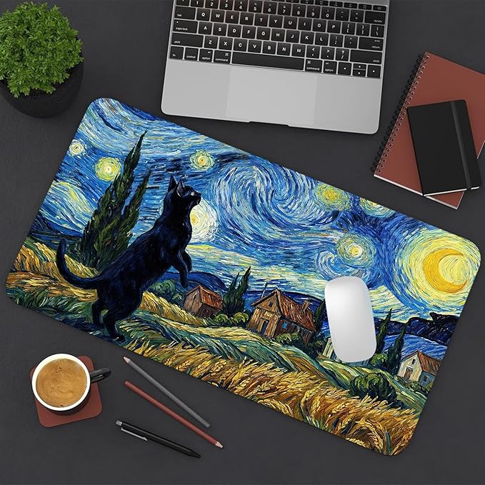 Cute Desk Mat, Starry Night Cat Large Mouse Pad for Desktop, PU Leather Waterproof Desk Pad, Anti-Slip Computer PC Laptop Protector Gaming Mouse Pads for Office Home Decorations (31.5" x 15.7")