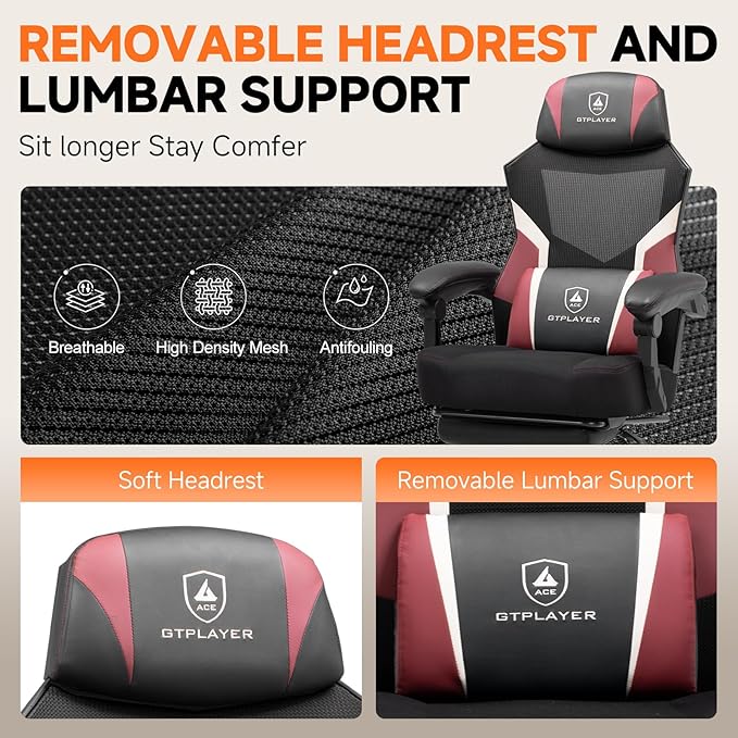 GTPLAYER Computer Chair with Adjustable Footrest, Ergonomic Gaming Chair with Headrest and Lumbar Support, Breathable Mesh Office Chair for Adults, High Back Reclining Desk Chair for Gaming and Office