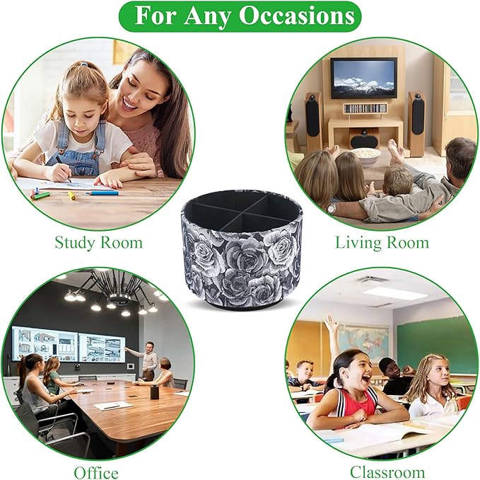 Round Leather Art Supply Organizer,Remote Control Holder,360 Degree Rotating,Multi-Functional Pencil Holder,4 Compartments Desktop Stationary Organizer(1-3D Black Grey)