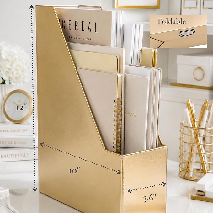 BLU MONACO | Gold Cardboard Magazine File Holder Set of 4 | Vertical Magazine File Holder for Shelves | Standing File Holder Desk Organizer
