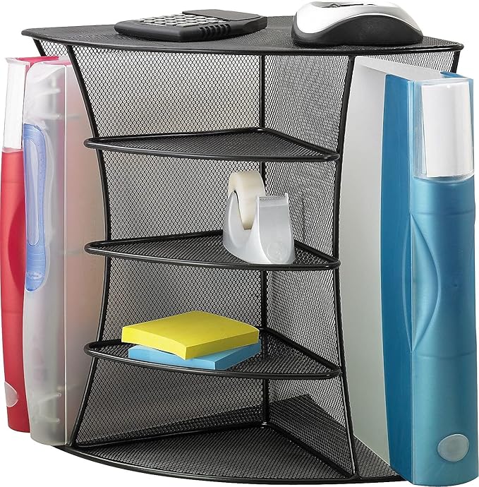 Safco 3261BL Onyx Mesh Corner Organizer - Durable Steel Mesh Corner Storage and Desk Top Organizer. Space Saving, For Home, Office & Classroom Organization, 13" x 15" x 11 , Black