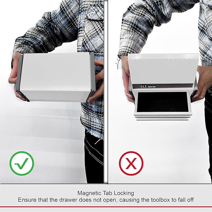P.I.T. Mini Tool Box 8.6"W X 4.6"D, Portable 3 Drawer Steel Stackable White Tool Box with Magnetic Tab Locking, White Micro Top Chest with Liner for Tools Storage and Organizers, Home DIY