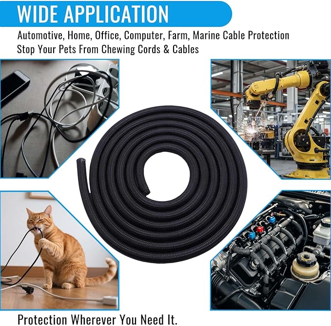 1/4" Braided Cable Sleeve - 10Ft Cat Cord Protector Split Wire Loom Tubing Flexible Self Wrapping for USB, Audio, Automotive Cord, Dog Chew Proof Cable Protector - Black