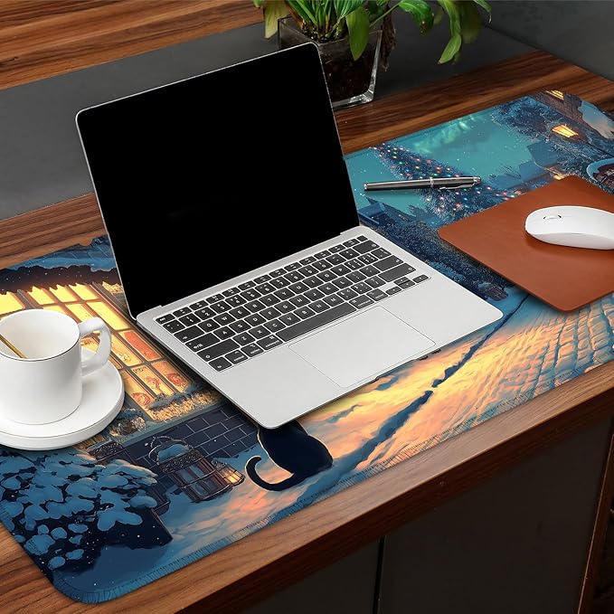 Christmas Winter Village Mouse Pad – 31.5" x 11.8" Large Extended Desk Mat with Black Cat and Christmas Tree Scene – Cozy Holiday Design, Non-Slip Base, Smooth Surface for Home & Office