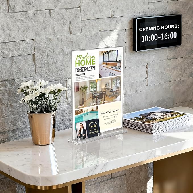 NIUBEE Acrylic Sign Holder for Realtor: 8.5 x 11 Sign Stand with Business Card Pocket for Open House - Clear Real Estate Property Document Name Card Display Supplies on Table - 3 Pack