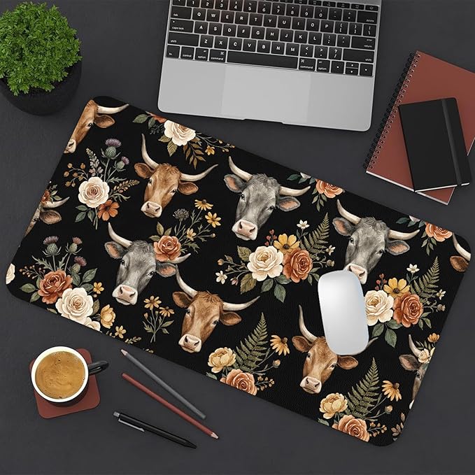 Cute Desk Mat, Highland Cow Floral Large Mouse Pad for Desktop, PU Leather Waterproof Desk Pad, Anti-Slip Computer PC Laptop Protector Gaming Mouse Pads for Office Home Decorations (31.5" x 15.7")