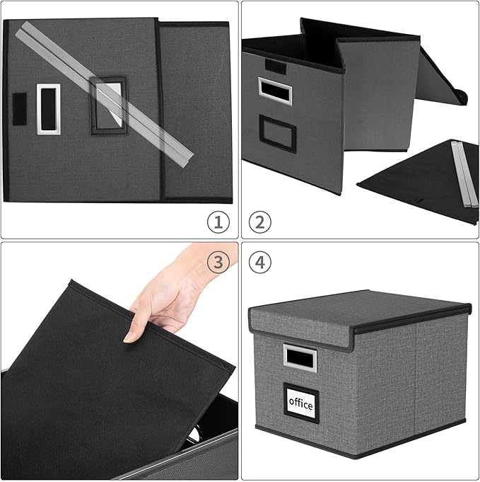 File Organizer Box with Lid, Collapsible File Folder Organizer for Office Document Storage, Filing Box with Plastic Slide for Letter Size Hanging File Folders(1 Pack, Dark Grey)