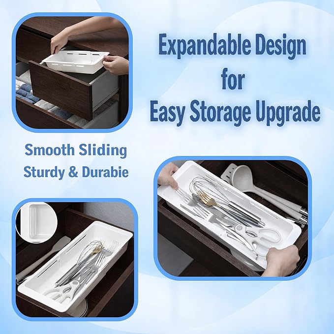 2-Pack Expandable Drawer Organizer for Deep Drawers, Adjustable 17–27 in Storage Tray, Durable PP Smooth Glide Divider for Kitchen, Vanity & Office, Space-Saving Design